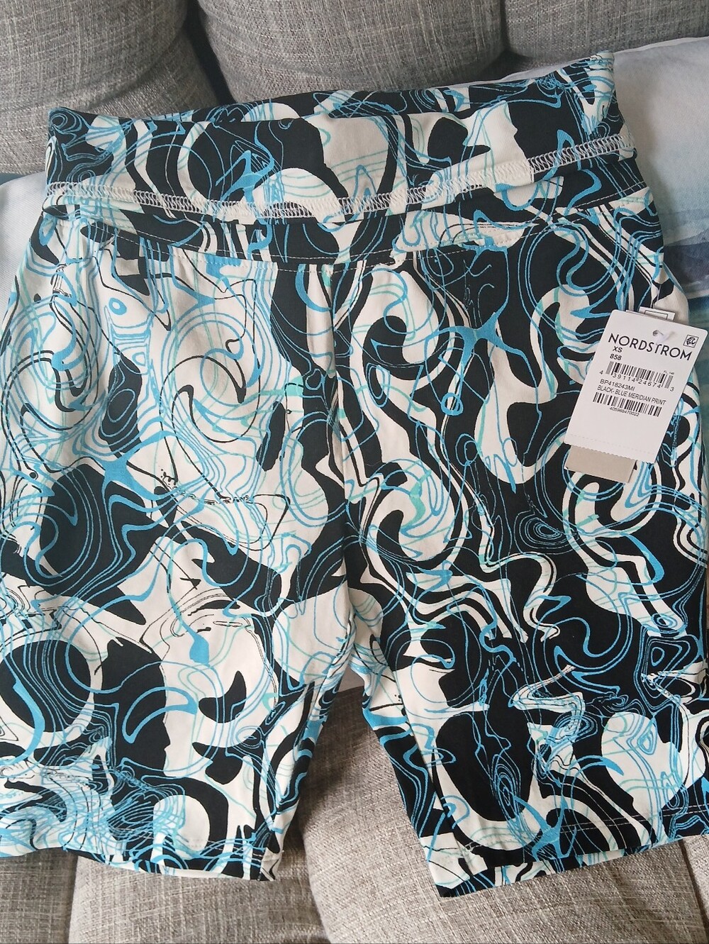 NWT Bike Yoga Shorts Nordstrom BP Blue Black Off White Abstract Swirl sz XS
